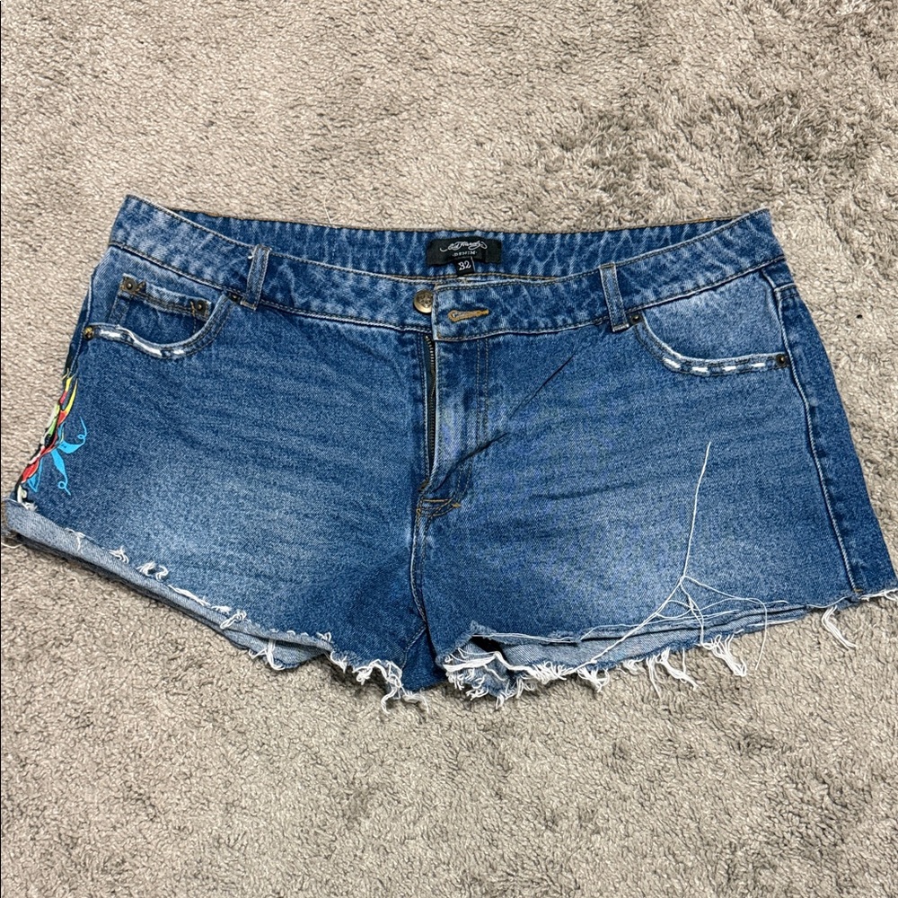 Ed Hardy Distressed Blue Jean Shorts - Picture 2 of 5